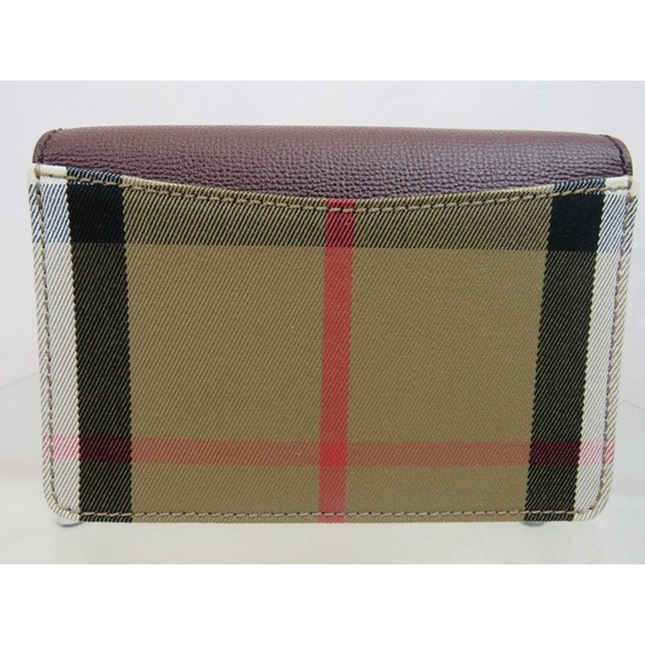 $910 BURBERRY HAMPSHIRE BURGUNDY LEATHER HOUSE CHECK SMALL CROSSBODY CLUTCH BAG - Picture 8 of 12
